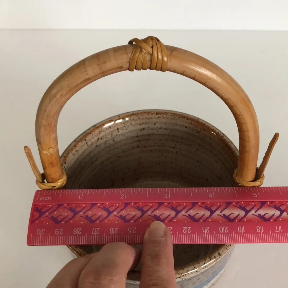 Art Pottery Glazed Basket Style Bowl With Bamboo Handle-Signed